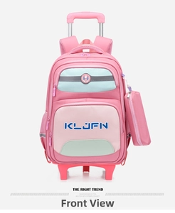 Front view of girls pink rolling backpack with detachable trolley and matching pencil case
