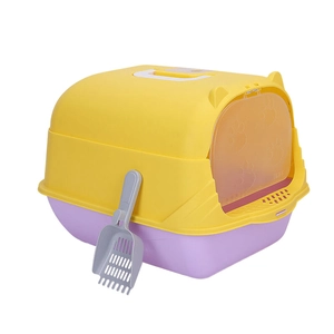 Enclosed cat litter box with spacious design and purple base featuring a clear swing door