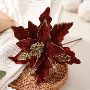 Fleur de poinsettia de Noël en velours rouge foncé avec paillettes dorées pour décoration