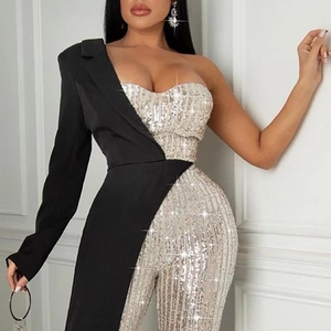 Silver sequin patchwork one-shoulder jumpsuit with black blazer sleeve and slim waist