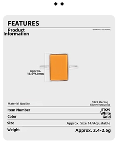Detail specifications of S925 silver ring featuring a rectangular orange turquoise stone