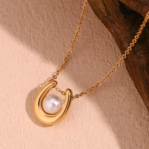 Elegant 18K gold plated stainless steel U-shape necklace with a single pearl accent