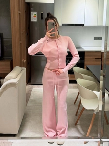Knit Cardigan And Straight Leg Pants Ribbed Cotton Polyester Slim Fit Casual Loungewear Outfit For Women