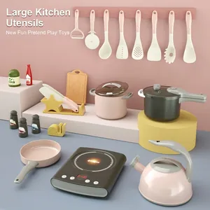Macaron-colored kids kitchen play set with pots, pans, induction cooker and utensils