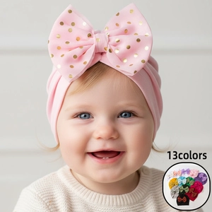 Baby Turban Hat Large Bronzed Polka Dot Bow Elastic Soft Infant Headwrap Newborn Toddler Girls Headwear