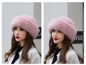 Detail of pink faux fur winter hat showing soft texture and cozy fit for women