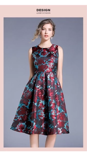 Detail of elegant red and blue rose jacquard pattern on a sleeveless slim waist dress