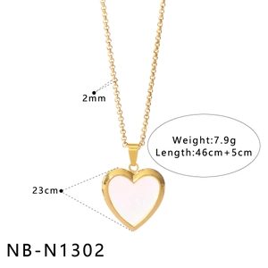 Detailed size chart of gold heart locket necklace with white shell inlay dimensions