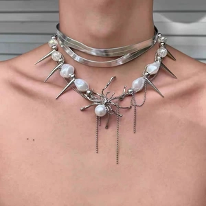 Y2K punk multilayer silver necklace with star beads, metal spider and fringe tassels