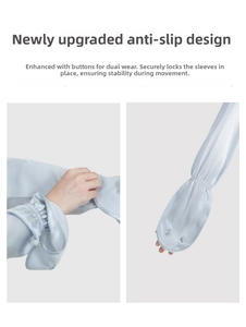 Detail view of silk sun protection sleeves with button adjustment and elastic cuffs