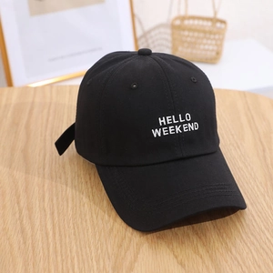 Classic black cotton baseball cap with HELLO WEEKEND embroidery and wide brim for women