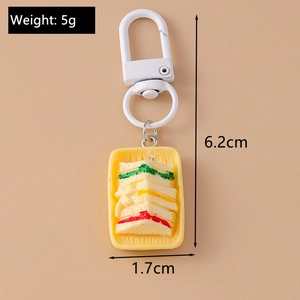 Detailed view of sandwich keychain with dimensions 6.2cm height and 5g weight specs