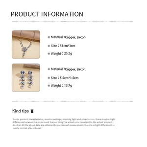Infographic showing copper zircon necklace and earring set dimensions and weight details