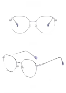 Detail view of silver square metal eyeglasses frame with slim temples and purple tips