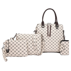 Beige 4-piece printed handbags set including tote, shoulder bag, clutch and card holder