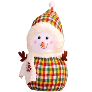 Christmas plush snowman figure in red and yellow plaid fabric with fluffy white trim