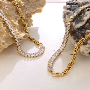 Mixed Chain Necklace And Bracelet With Cubic Zirconia Titanium Steel 18K Gold Plated Luxury Geometric Jewelry Women