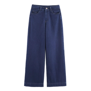 Pantalon en jean bleu foncé à taille haute et coupe droite pour femmes