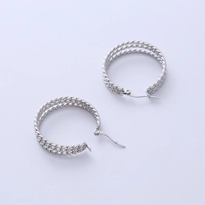 Silver twisted rope hoop earrings with classic three-layer braided metal texture design