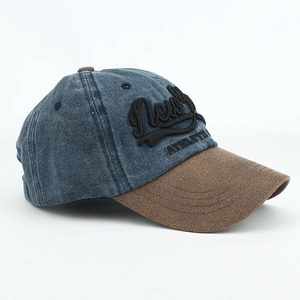Detailed macro view of vintage New York 3D embroidery on two-tone baseball cap