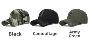 Three-color selection of camouflage, black, and army green sports baseball caps with embroidery