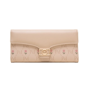 Detail of floral print pattern and gold metal buckle on long PU leather wallet