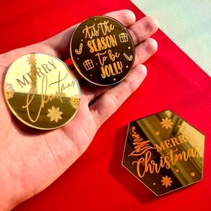 Gold mirror acrylic Christmas cake topper set with festive laser-engraved greetings