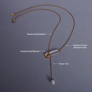 French style 18k gold plated titanium necklace with safety pin and pearl tassel pendant