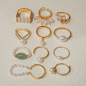 Set of 10 gold stainless steel freshwater pearl rings with vintage aesthetic designs