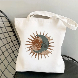 Sun And Moon Print Canvas Tote Bag Bohemian Vintage Shoulder Handbag Reusable Shopping Bag For Women