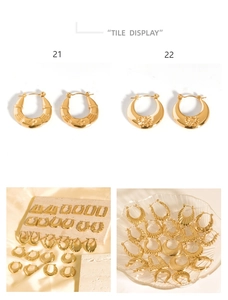 Detailed tile display of various irregular gold stainless steel hoop earrings with textures