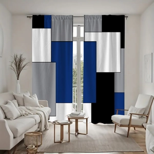 Detailed texture of geometric blue and grey block pattern on blackout polyester curtain