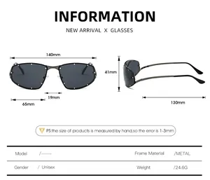 Detailed size chart for square metal frame sunglasses showing specific measurements and weight