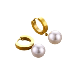 Retro 18k gold plated titanium steel hoop earrings with round white pearl pendants