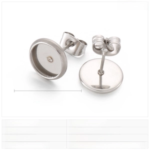 Macro detail of 10mm stainless steel stud earring blanks for DIY jewelry making