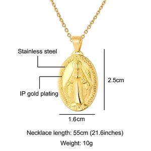 Gold IP plated stainless steel oval coin necklace with detailed dimensions and 55cm length