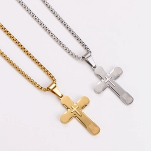 Minimalist stainless steel cross pendant necklaces in gold and silver with box chains