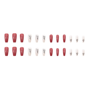 Deep red and cream long coffin press-on nails with LOVE letter and heart patterns