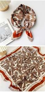Detail of silk square scarf showing paisley pattern in orange and brown tones