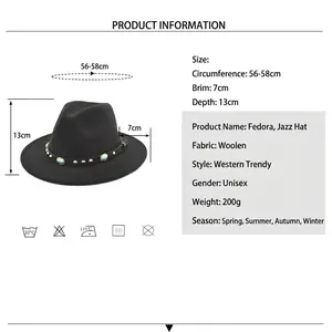Chapeau fedora classique en feutre noir avec perles turquoise et rivets dorés unisexe