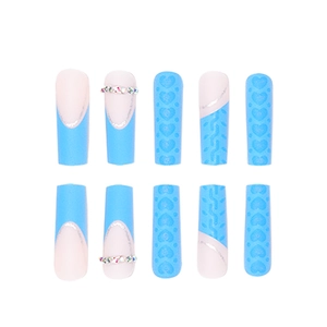Long square 3D blue and pink heart press-on nails with 3D texture and rhinestones
