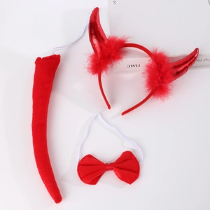 Three-piece red sequined devil costume set including horn headband, bowtie, and pointed tail
