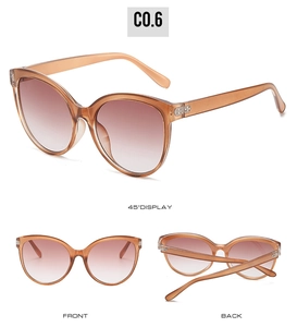 Detailed multi-angle views of brown cat-eye sunglasses with gradient lenses