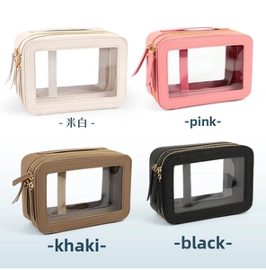 Detail view of four large capacity waterproof PU makeup bags in multiple colors with PVC window