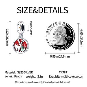 Detail of S925 silver Christmas elk charm with dimensions next to a quarter coin