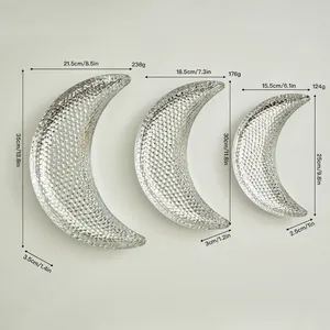 Three-piece set of crescent moon glass serving trays with luxury hammer texture and silver finish