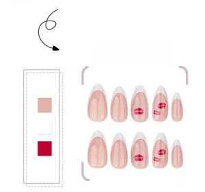 Detail of almond-shaped fake nails with French white tips and red lip print pattern