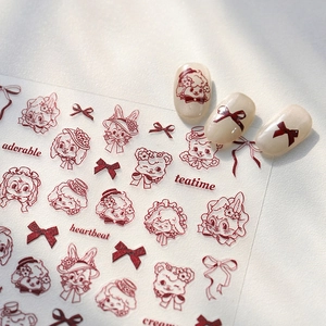 Retro hand-drawn pet nail stickers with dark red cute animals and bow designs