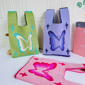 Chic butterfly knit tote bag in green, purple and pink colors for casual travel use