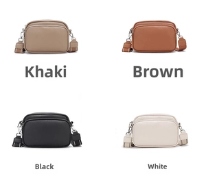 Detailed view of four textured leather crossbody bags in khaki, brown, black, and white